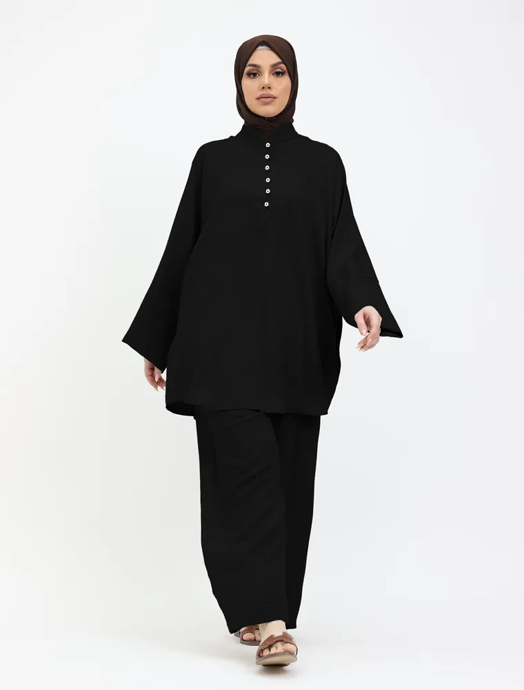 Black Linen Feel Button Detail Co Ord Set